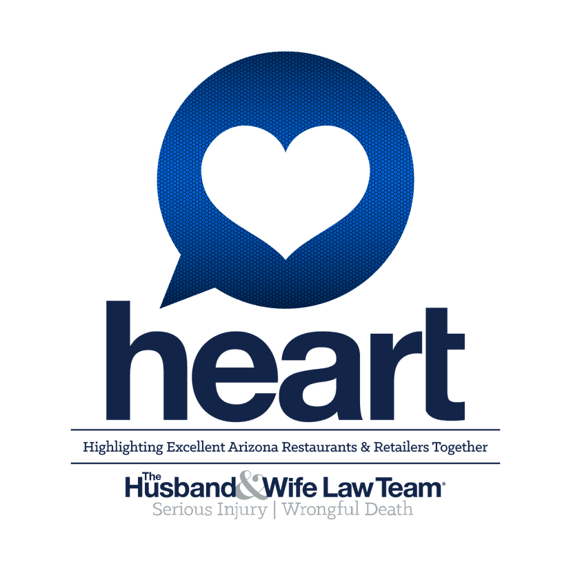 A white heart in a blue speech bubble with the words heart - Highlighting Excellent Arizona Restaurants & Retailers Together below it