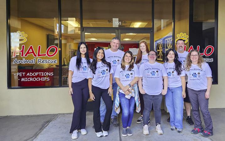 A group of Husband & Wife Law Team volunteers gathers outside HALO Animal Rescue, ready to spend the day supporting pet adoptions and helping animals find loving homes.