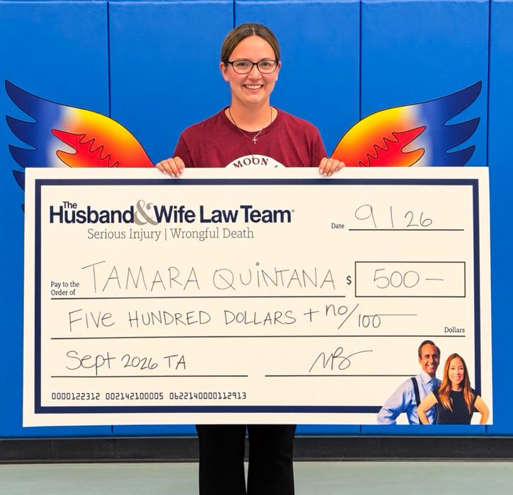 Ms. Quintana proudly displays her $500 Teacher Appreciation Award from the Husband & Wife Law Team, celebrating her outstanding dedication to the students of Chaparral Elementary School.
